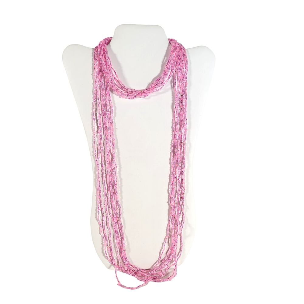 48" Long Pink Seed Bead Necklace Boho Multistrand India Handmade Jewelry NEW - Picture 8 of 9
